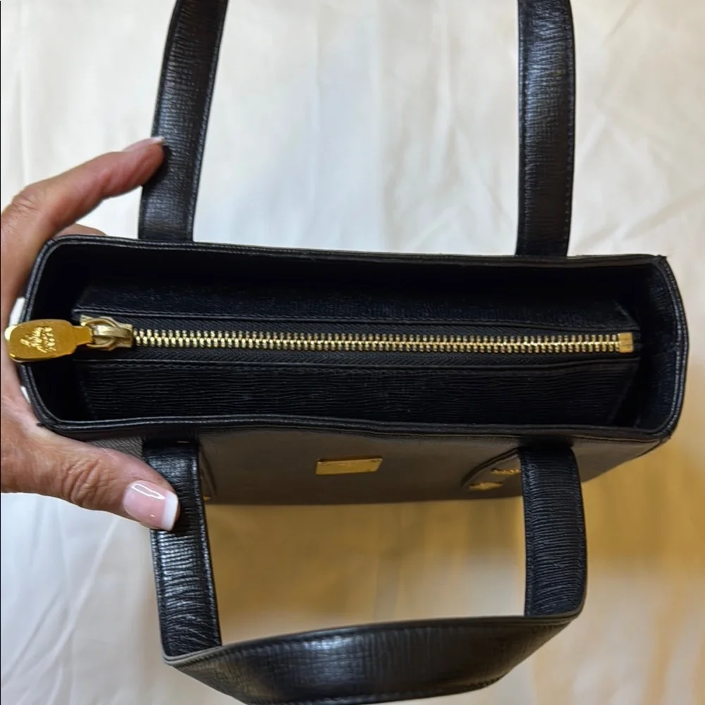 Vintage MCM Structured‎ Black Leather Satchel – Gold Hardware – Rare Style E7844